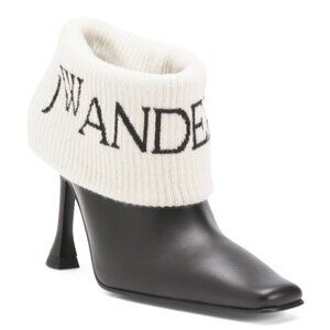 JW Anderson Fold Over Cuff Leather Ankle Boots Black White Logo Stiletto Heel